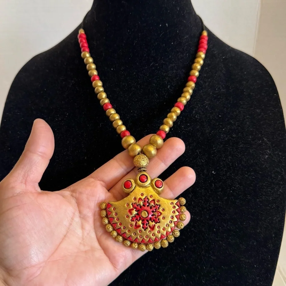 Terracotta Necklace Indian Bollywood Style Gold Red Temple Wedding Jewelry - Picture 12 of 16